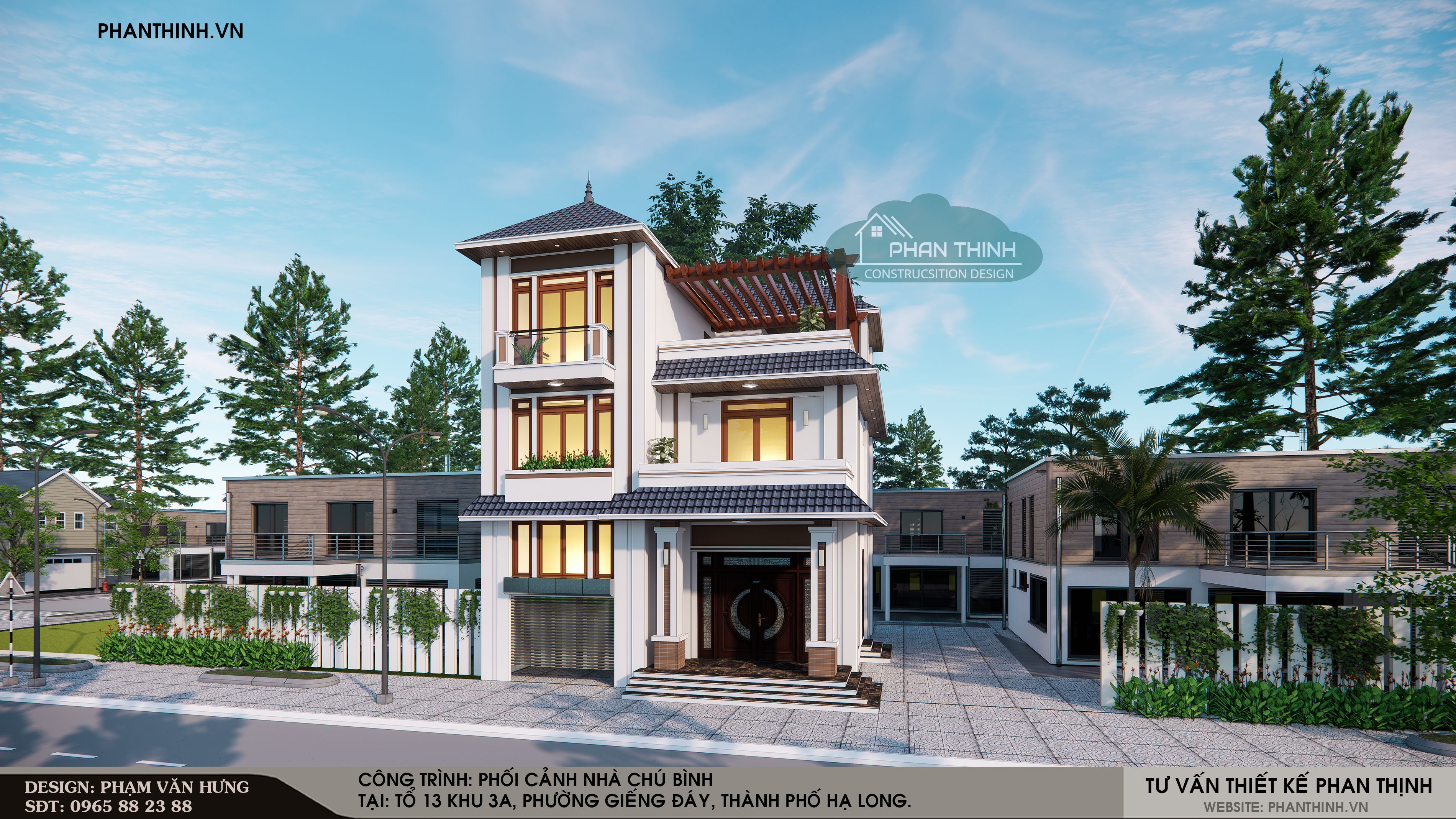 Mẫu phối cảnh mặt tiền nhà mái thái 3 tầng đẹp ở Giếng Đáy thành phố Hạ Long