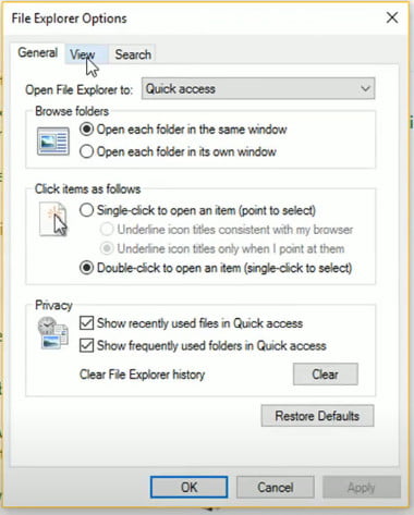 Trong bảng File Explorer Options chọn tab View