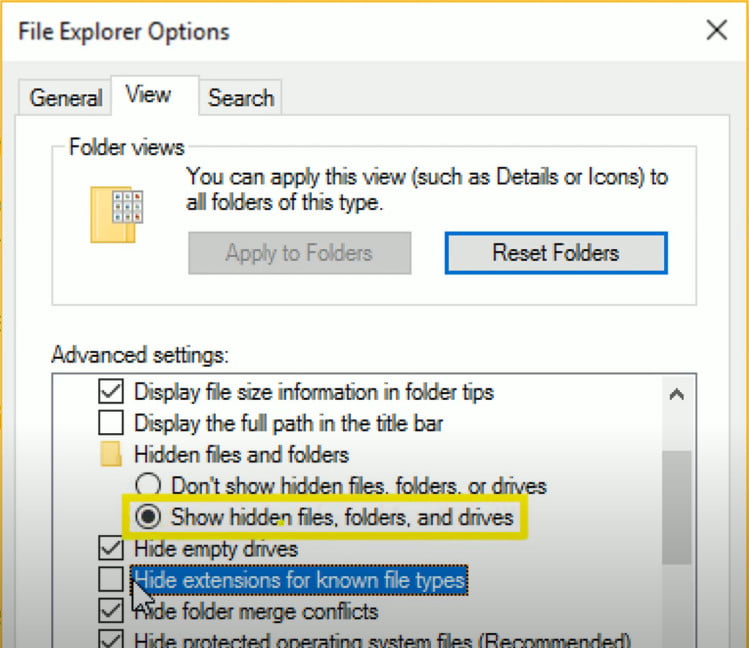 Trong tab View chọn "Show hidden files, folders, and drivers"