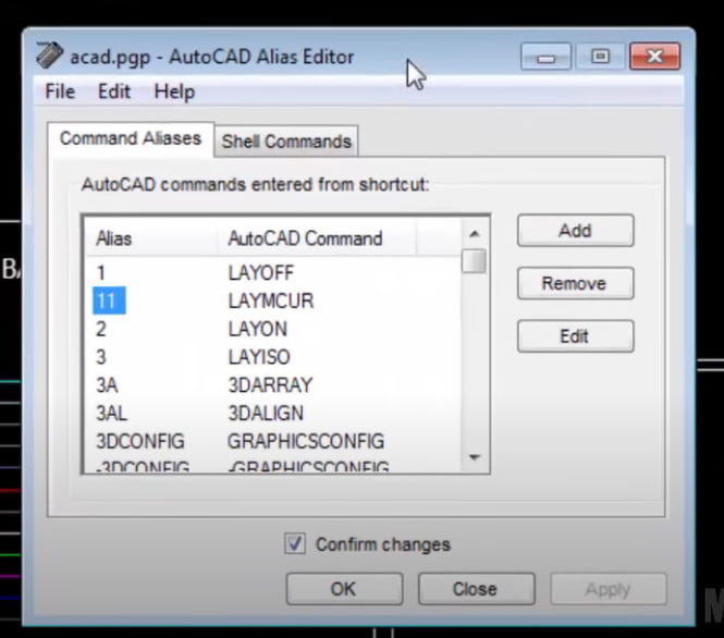 bảng Command Alias Editor