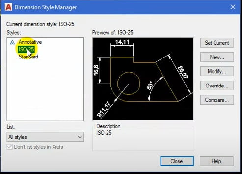 Bảng Dimension Style Manager trong cad