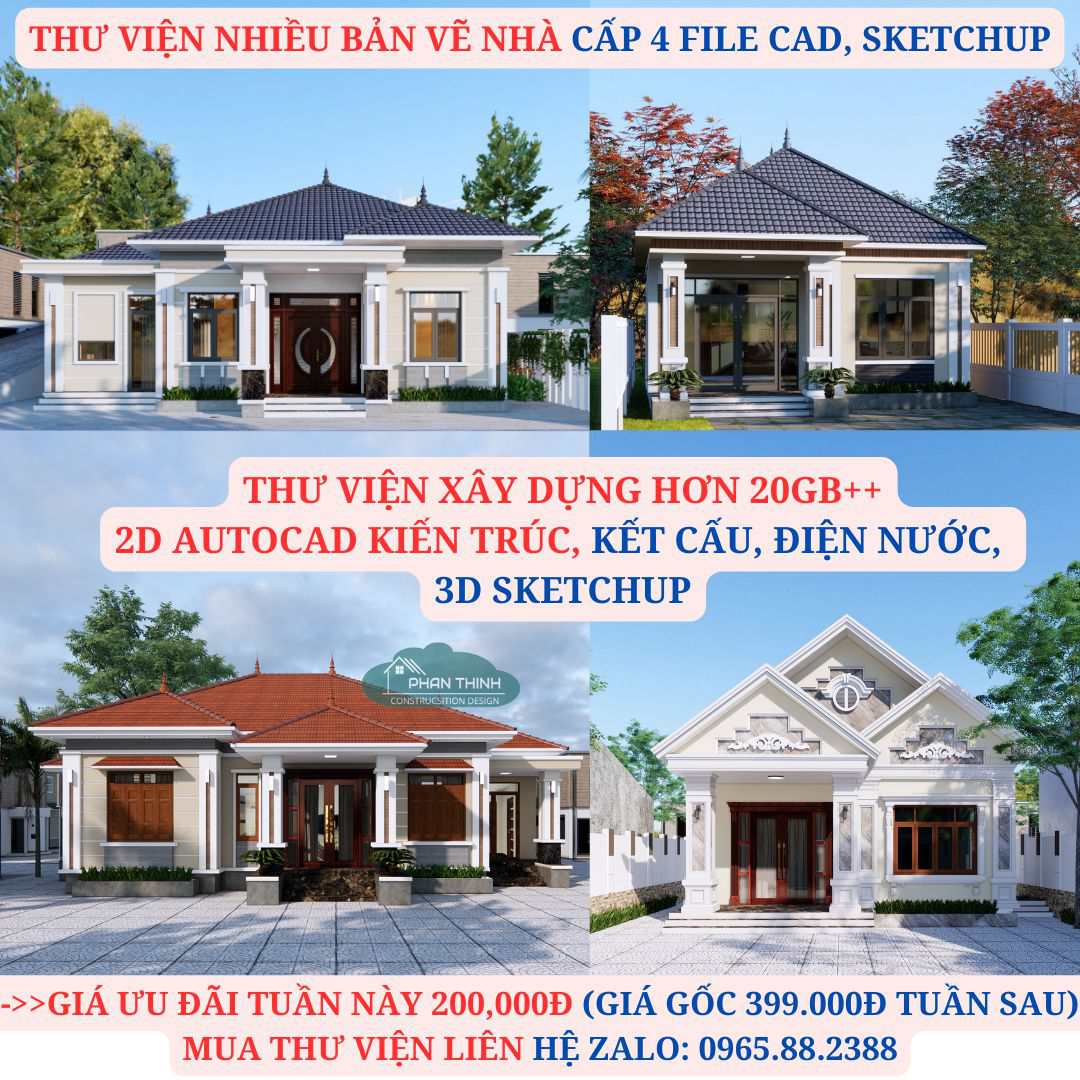 Thư viện nhiều bản vẽ nhà cấp 4, file cad, sketchup