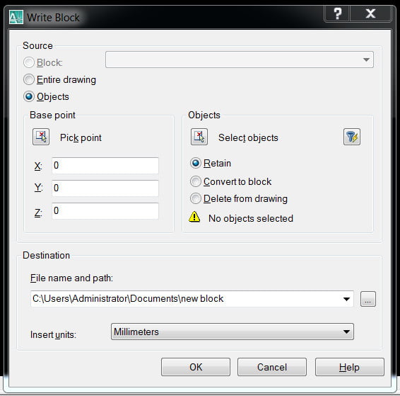 Bảng Write Block trong cad