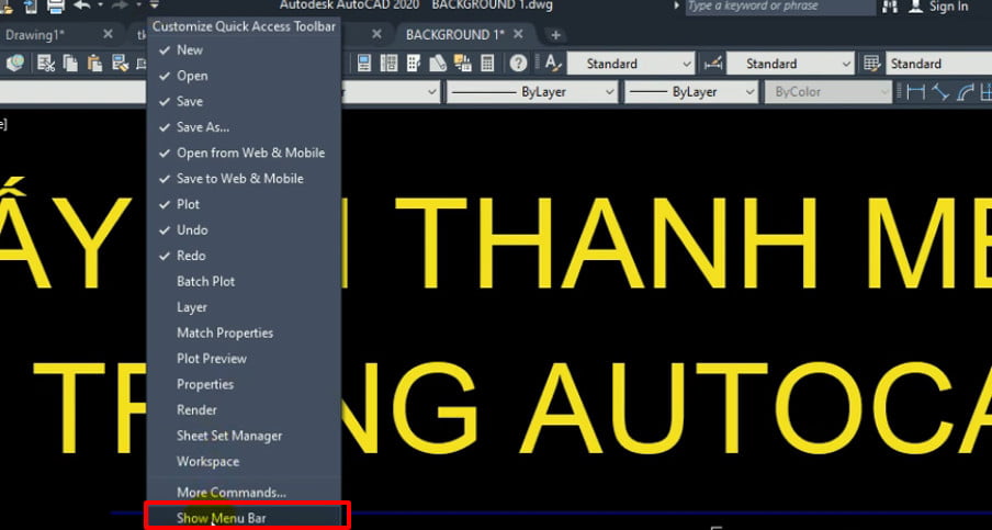 Hiển thị thanh Tab trong autocad