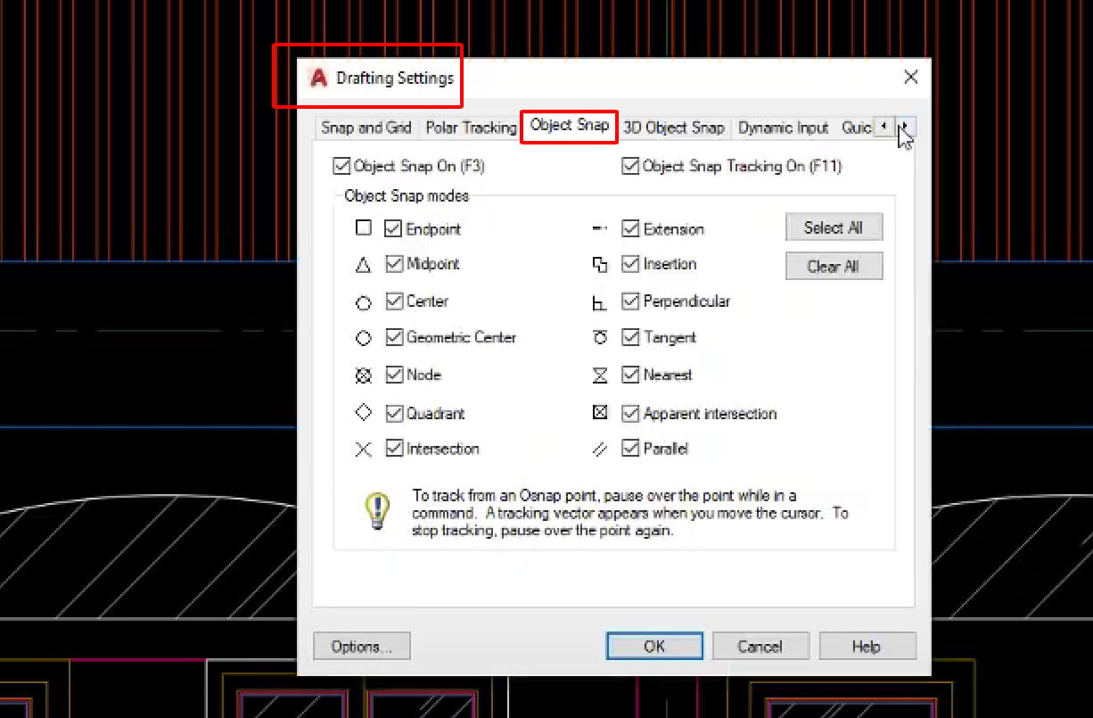 Hiển thị bảng Drafting Settings trong cad