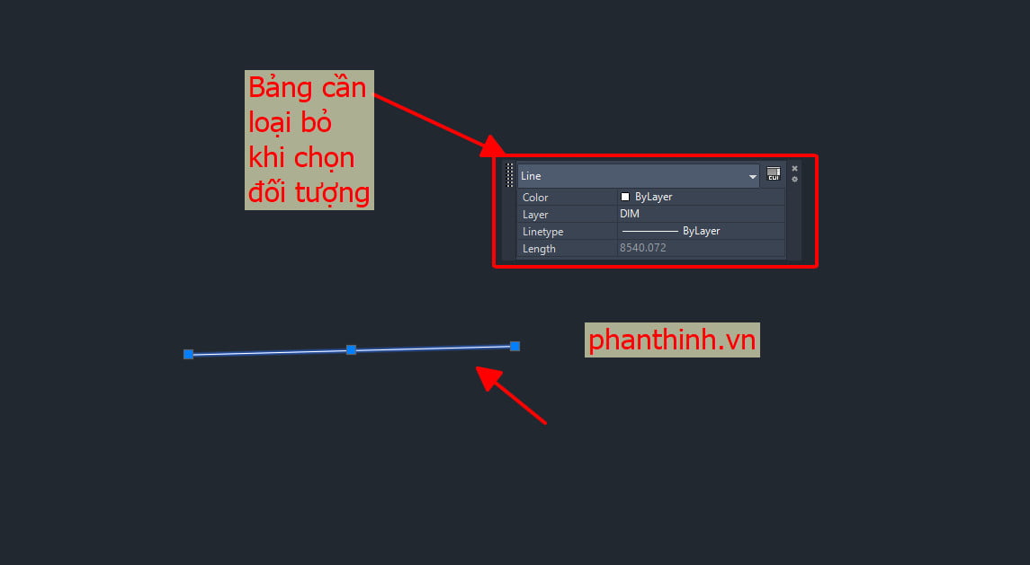 Tắt bảng Quick Properties Palette