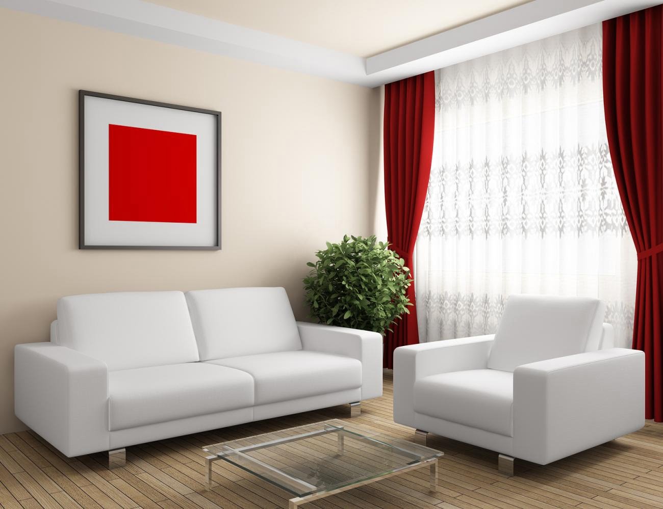 Sự kết hợp của rèm màu đỏ với tông màu trắng của căn phòng