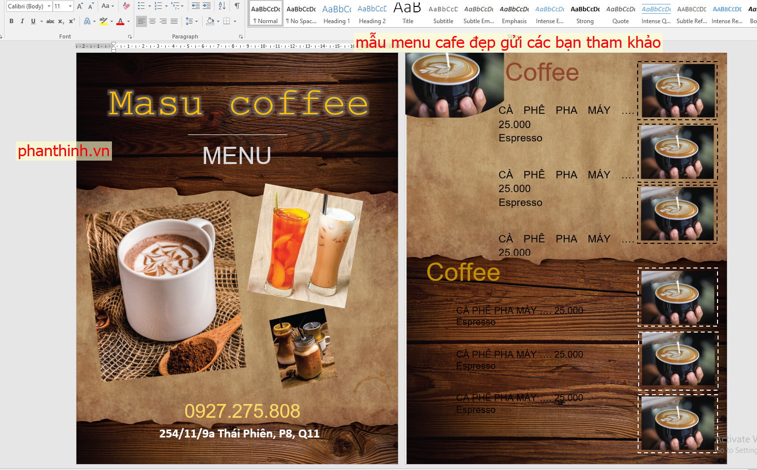 Mẫu menu cafe đẹp file word