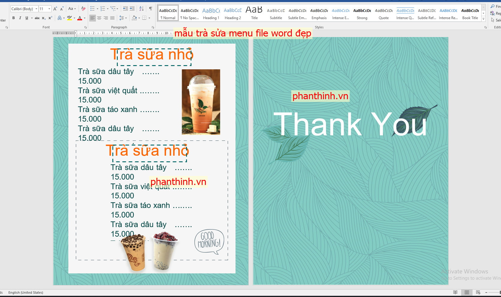 Mẫu menu đẹp file word miễn phí