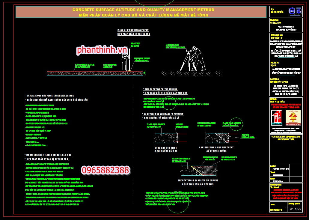 Biện pháp quản lý cao độ và chất lượng bề mặt bê tông.