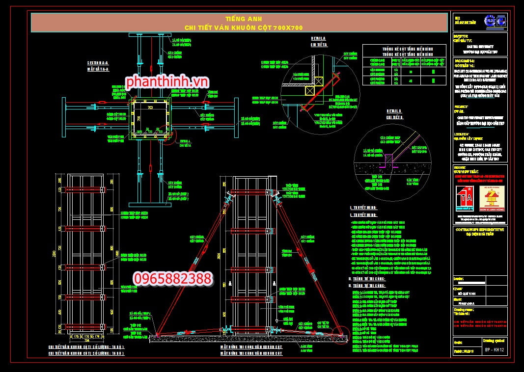 Chi tiết ván khuôn cột 700x700 autocad.