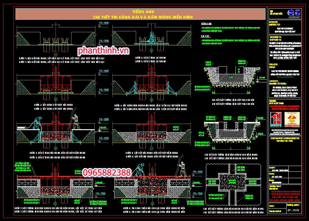 Bản vẽ biện pháp thi công đài và dầm móng điển hình autocad