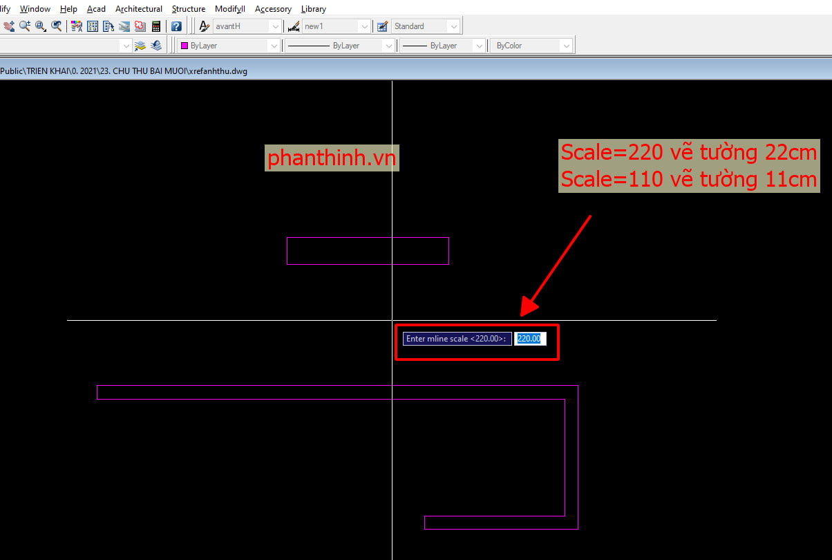 Scale = 220 khi vẽ tường 22cm, Scale = 110 khi vẽ tường 11cm