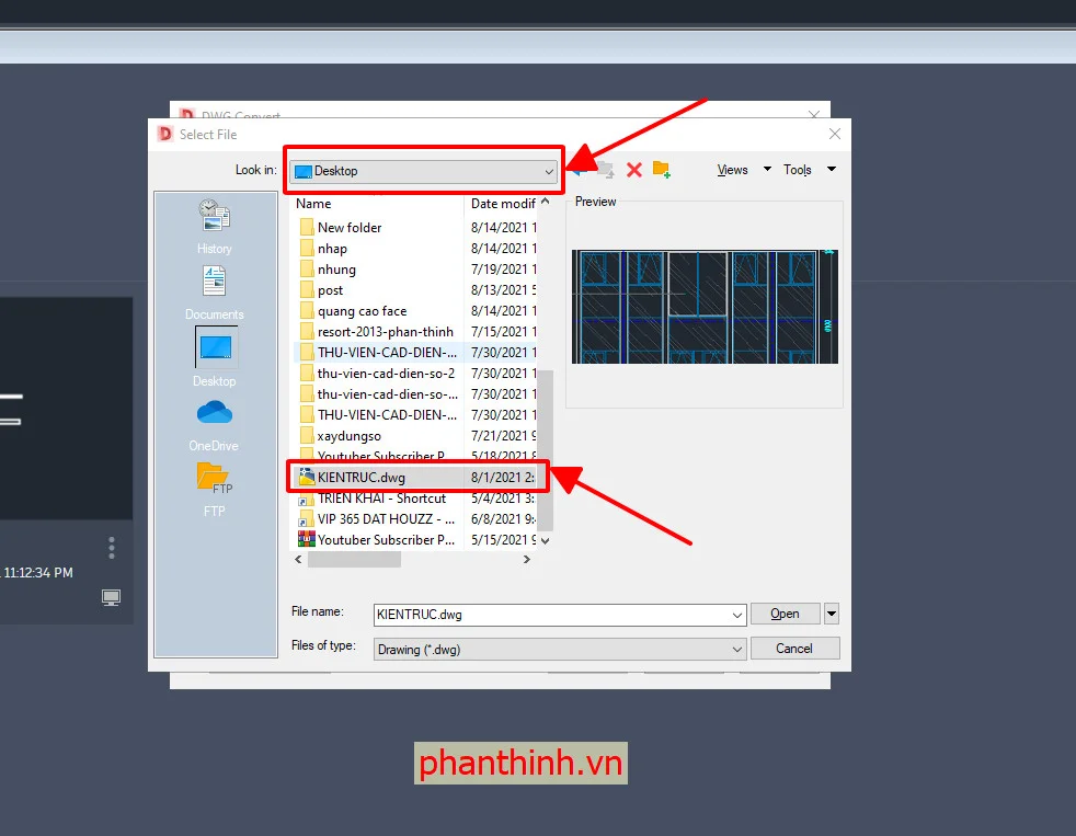 Chọn bản vẽ mà chúng ta cần chuyển đổi về autocad đời thấp hơn Chọn bản vẽ mà chúng ta cần chuyển đổi về autocad đời thấp hơn