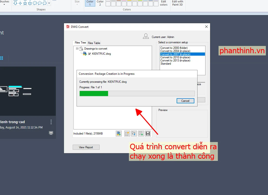 Quá trình convert diễn ra, chạy xong thì thành công chuyển file autocad version cao về cad 2007 Quá trình convert diễn ra, chạy xong thì thành công chuyển file autocad version cao về cad 2007