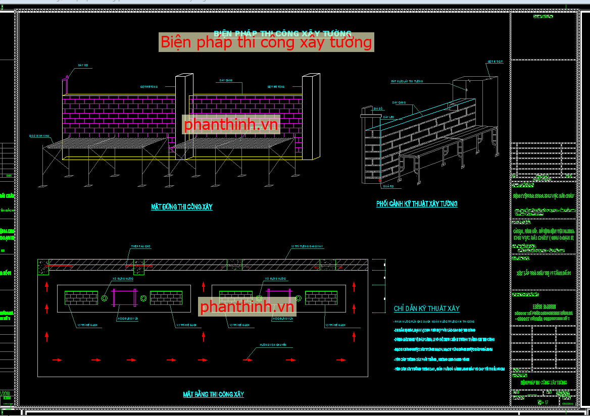 Bản vẽ biện pháp thi công xây tường gạch.