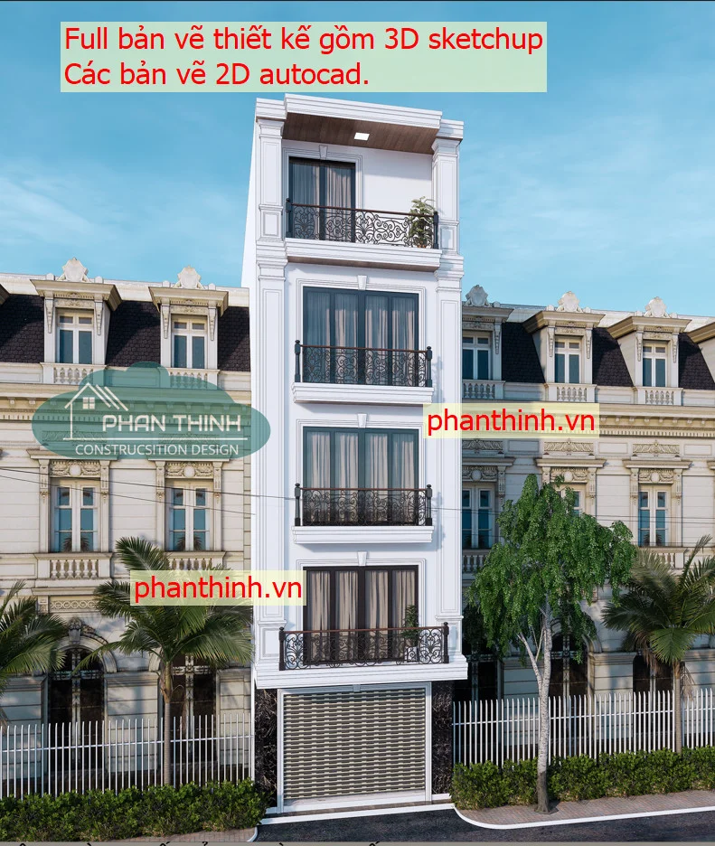 Download bản vẽ nhà phố Full ngôi nhà 5 tầng (autocad + sketchup)