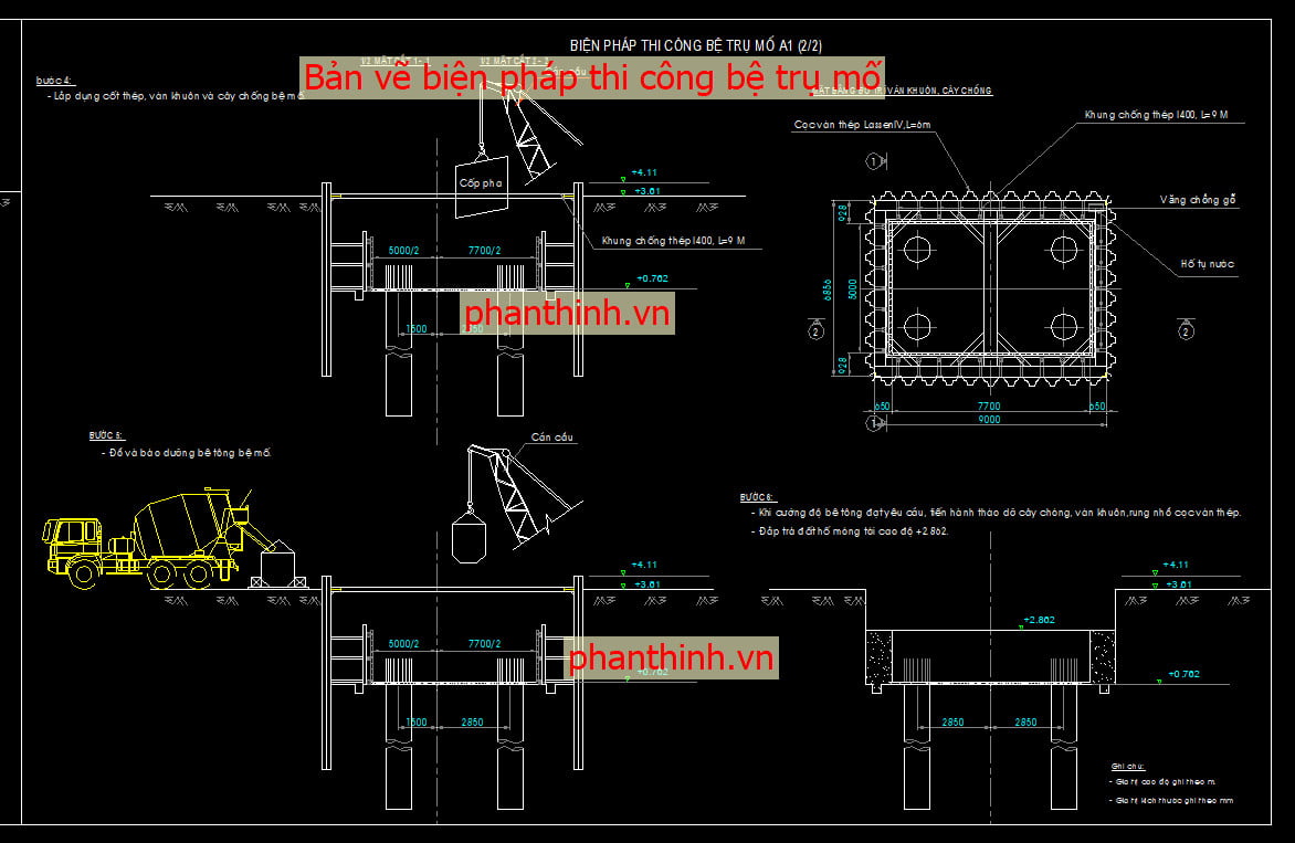 Bản vẽ biện pháp thi công bệ mố trụ autocad.