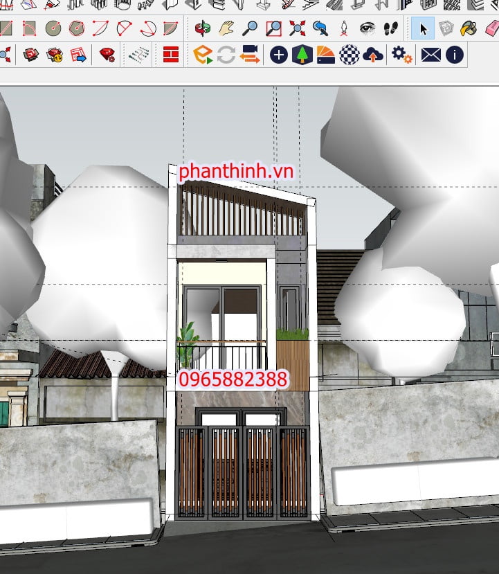 Thiết kế ngoại thất 3D sketchup nhà phố nhà ống 2 tầng hiện đại.