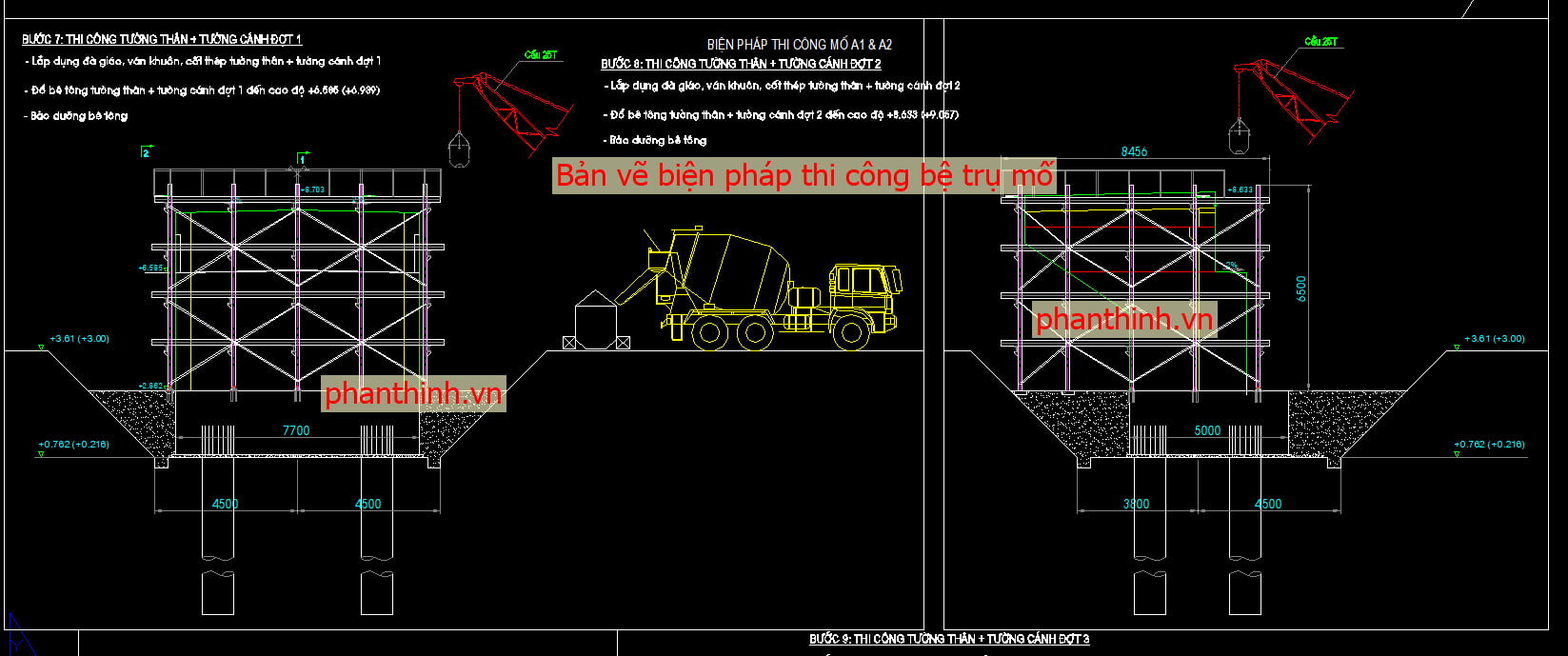 Bản vẽ biện pháp thi công bệ mố trụ autocad.