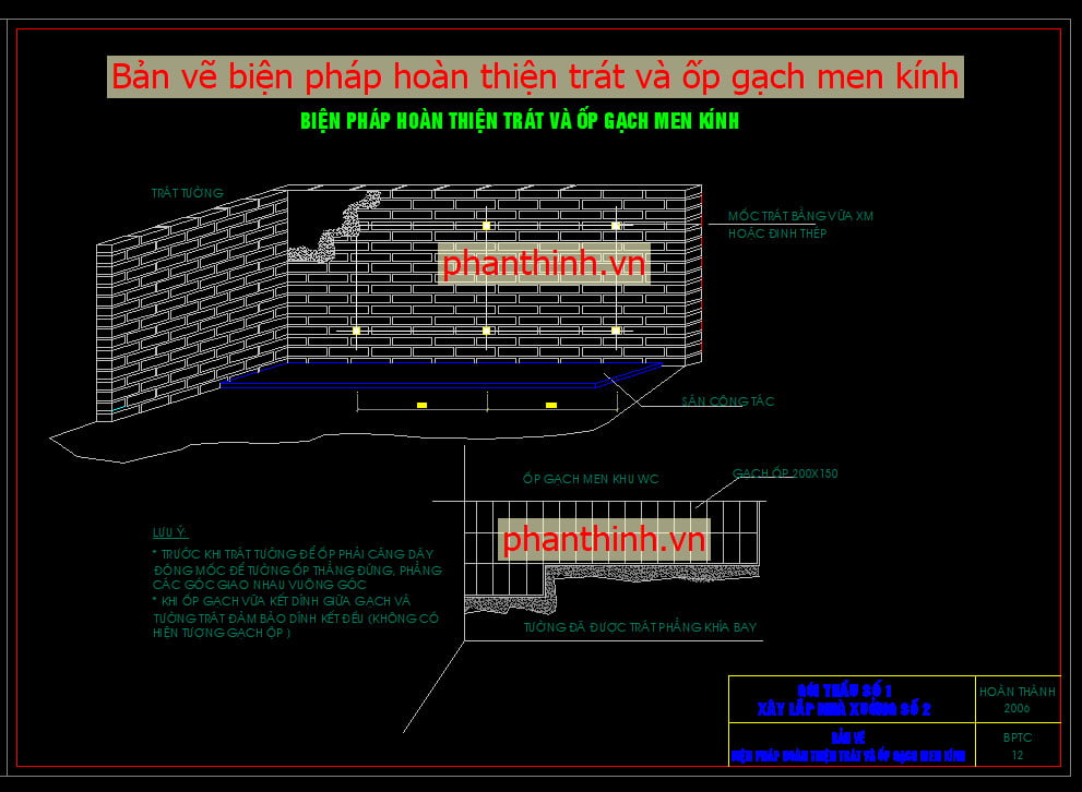 Bản vẽ biện pháp hoàn thiện trát và ốp gạch men kính autocad.