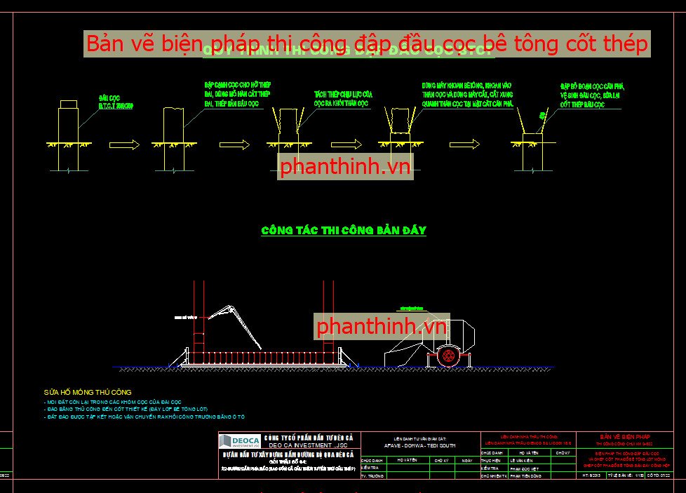 Bản vẽ biện pháp thi công đập đầu cọc bê tông cốt thép autocad.