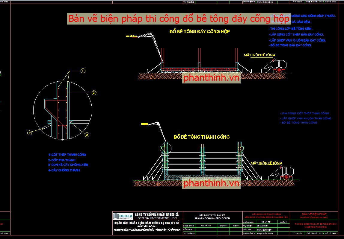 Bản vẽ biện pháp thi công đổ bê tông đáy cống hộp cad.