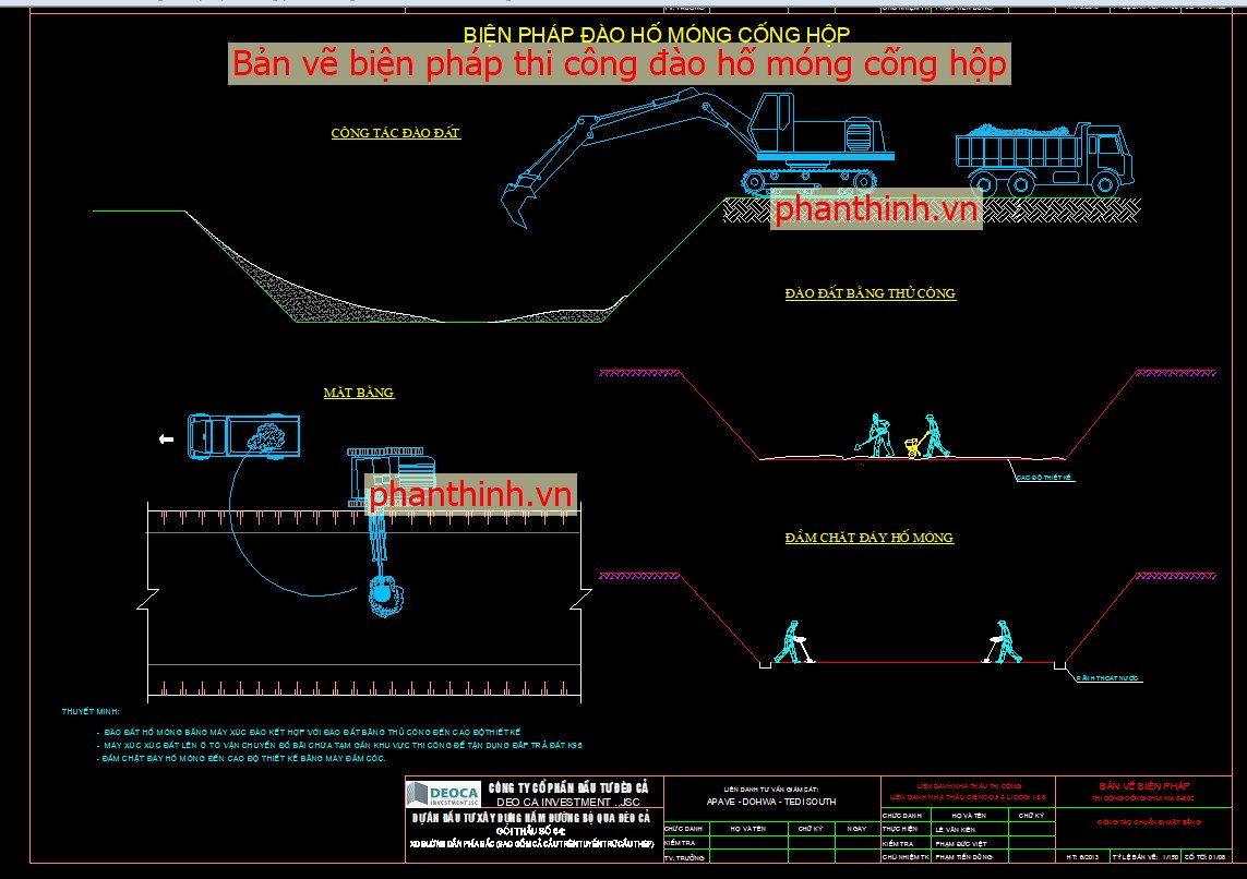 Bản vẽ biện pháp thi công đào hố móng cống hộp autocad.