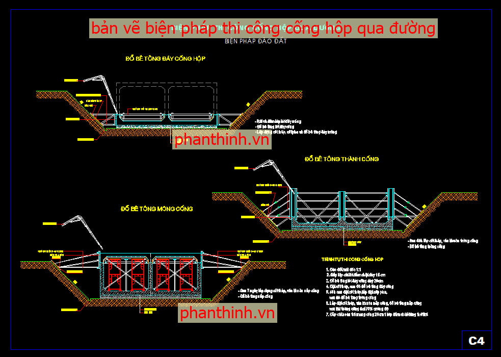 Bản vẽ biện pháp thi công cống hộp qua đường autocad.