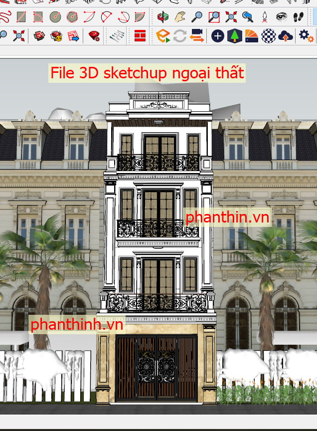 File Sketchup 3D nhà 4 tầng tân cổ điển đẹp