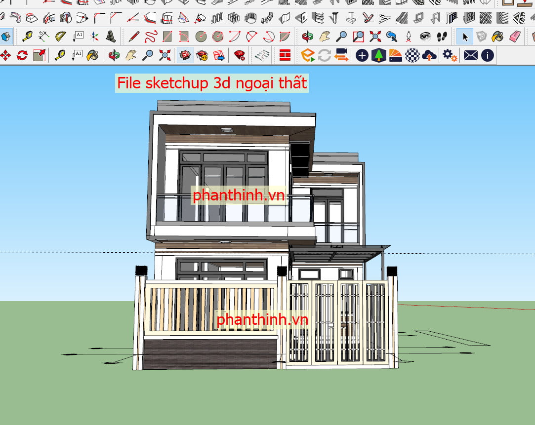 File sketchup 3D ngoại thất nhà phố 2 tầng 2 mặt tiền đẹp