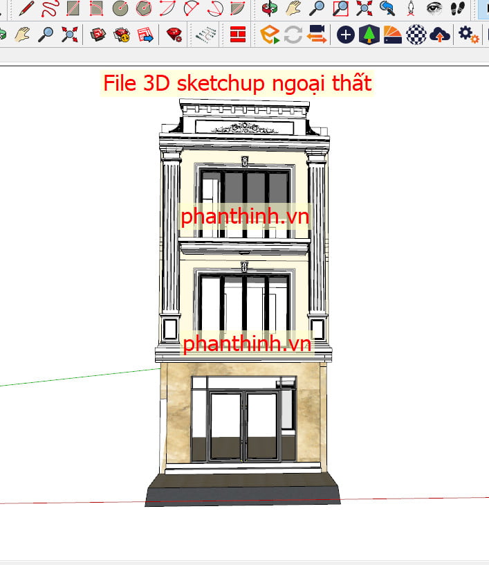 File 3D sketchup ngoại thất nhà phố 3 tầng phong cách tân cổ điển.