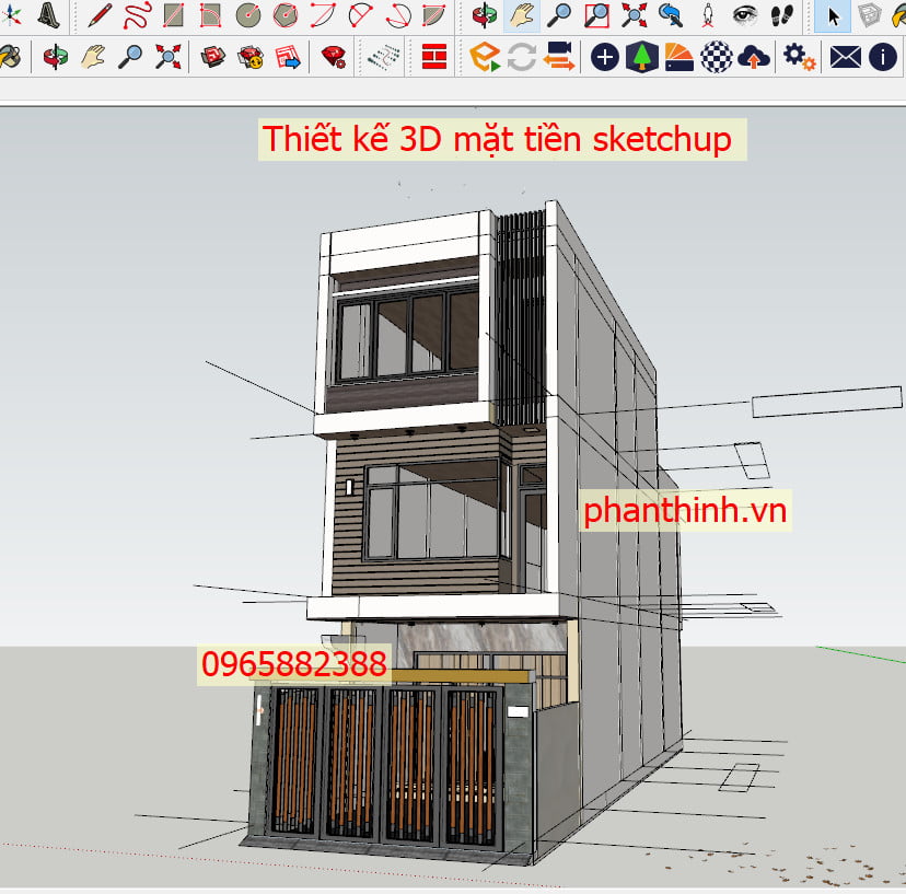 File 3D sketchup ngoại thất nhà phố 3 tầng hiện đại 5x14m