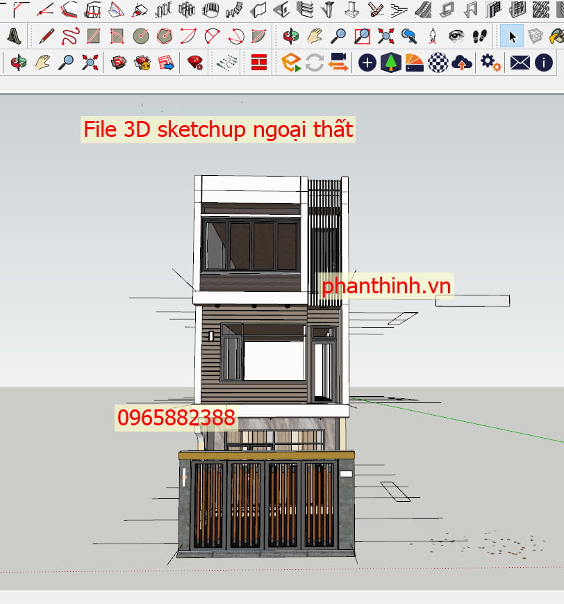 File 3D sketchup ngoại thất nhà ống 3 tầng hiện đại 5x14m