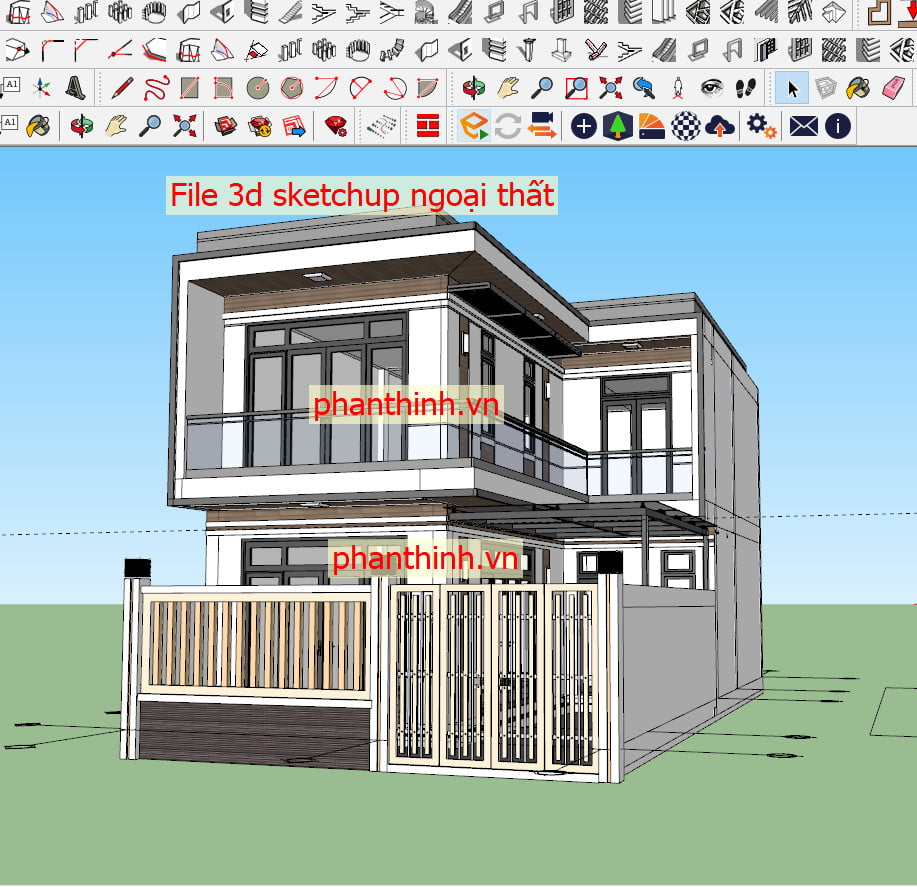 File 3D sketchup ngoại thất nhà phố 2 tầng 2 mặt tiền rộng 7m