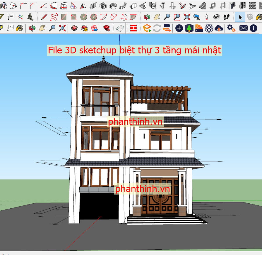 File 3D ngoại thất sketchup nhà biệt thự 3 tầng mái nhật.