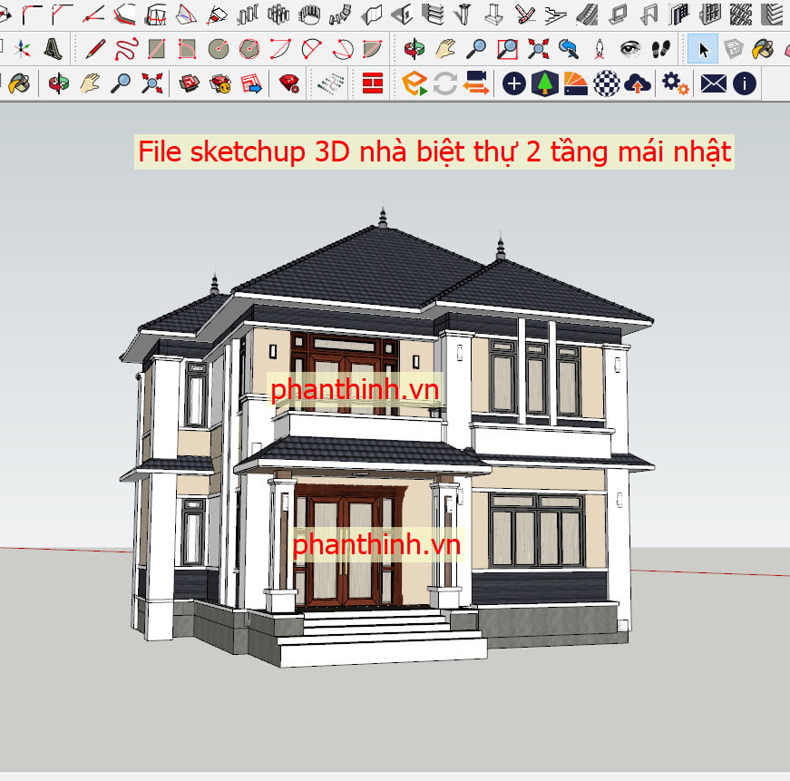 File 3D sketchup nhà biệt thự 2 tầng mái nhật rộng 10m