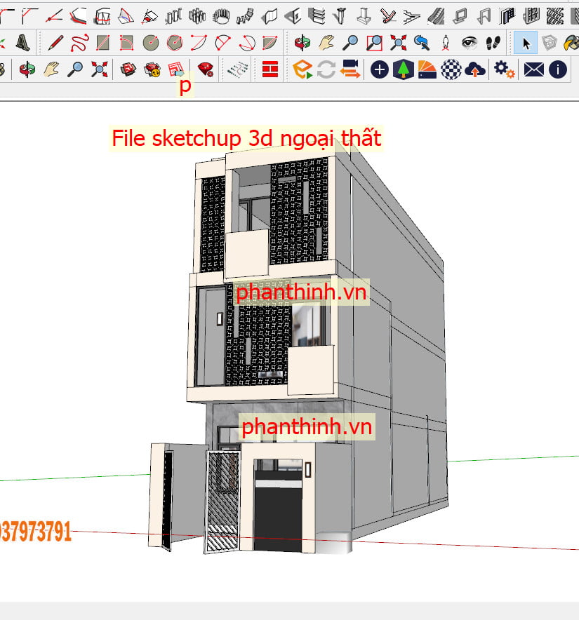 File Sketchup 3D nhà ống 3 tầng hiện đại mặt tiền 4,5m