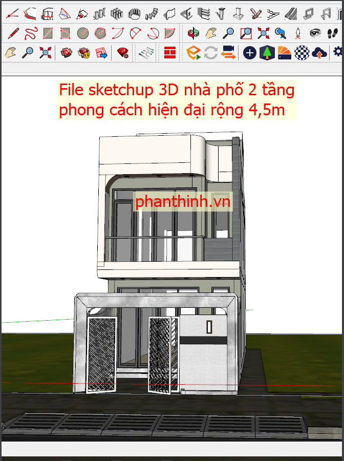 File sketchup 3D nhà ống 2 tầng phong cách hiện đại rộng 4,5m