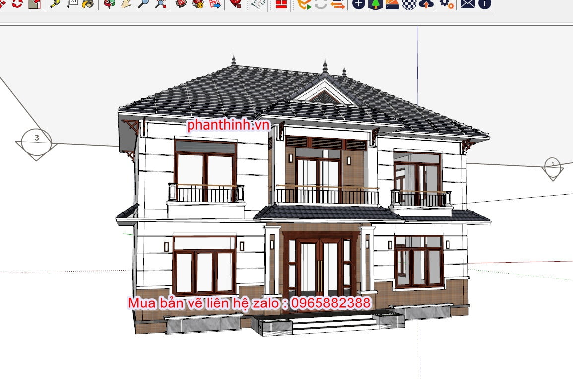 File 3D ngoại thất mặt tiền nhà biệt thự 2 tầng mái nhật.