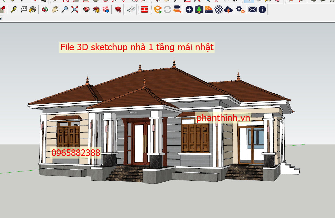 File 3D sketchup ngoại thất ngôi nhà 1 tầng mái nhật đẹp.