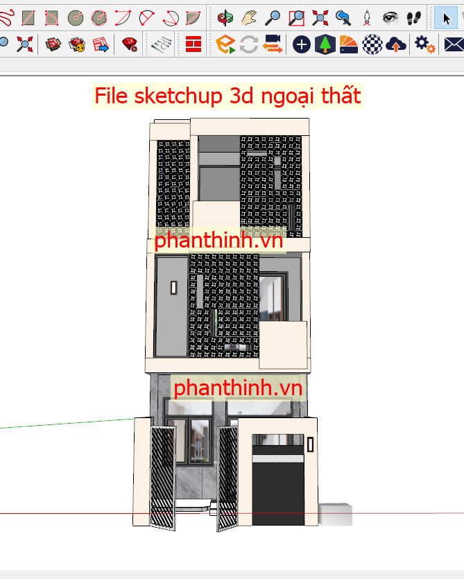 File sketchup 3D ngoại thất nhà phố 3 tầng phong cách hiện đại