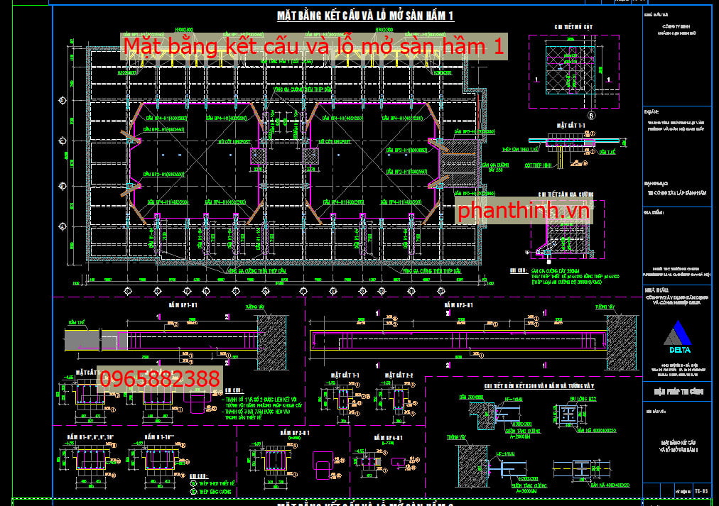 Mặt bằng kết cấu và lỗ mở sàn hầm 1