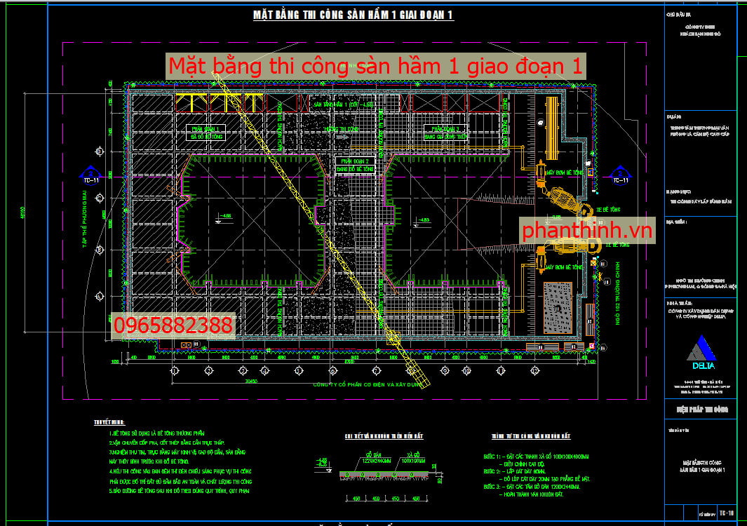 Mặt bằng thi công sàn tầng hầm 1 giai đoạn 1