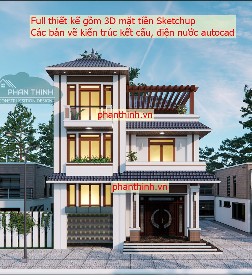 Full hồ sơ thiết kế bản vẽ nhà biệt thự 3 tầng mái nhật autocad, sketchup