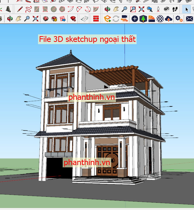 Mẫu biệt thự 3 tầng mái nhật đầy đủ file thiết kế 3D sketchup.