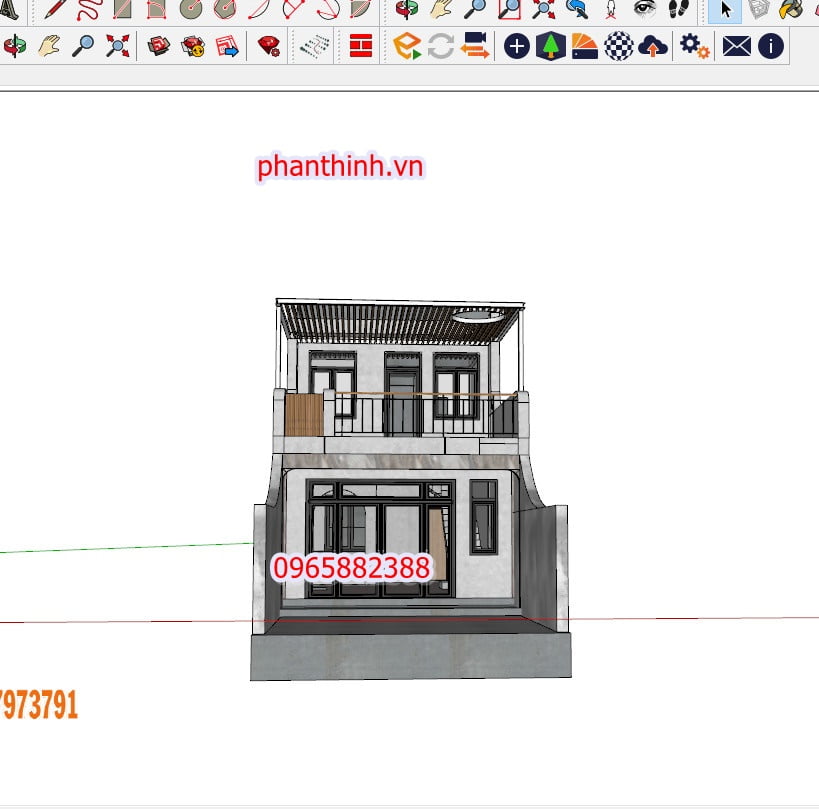 File 3D sketchup phối cảnh thiết kế mặt tiền nhà ống 2 tầng hiện đại