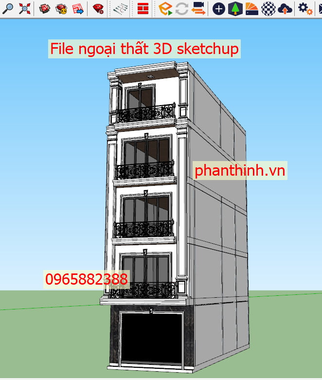 Bản vẽ nhà phố 5 tầng 3D ngoại thất Sketchup