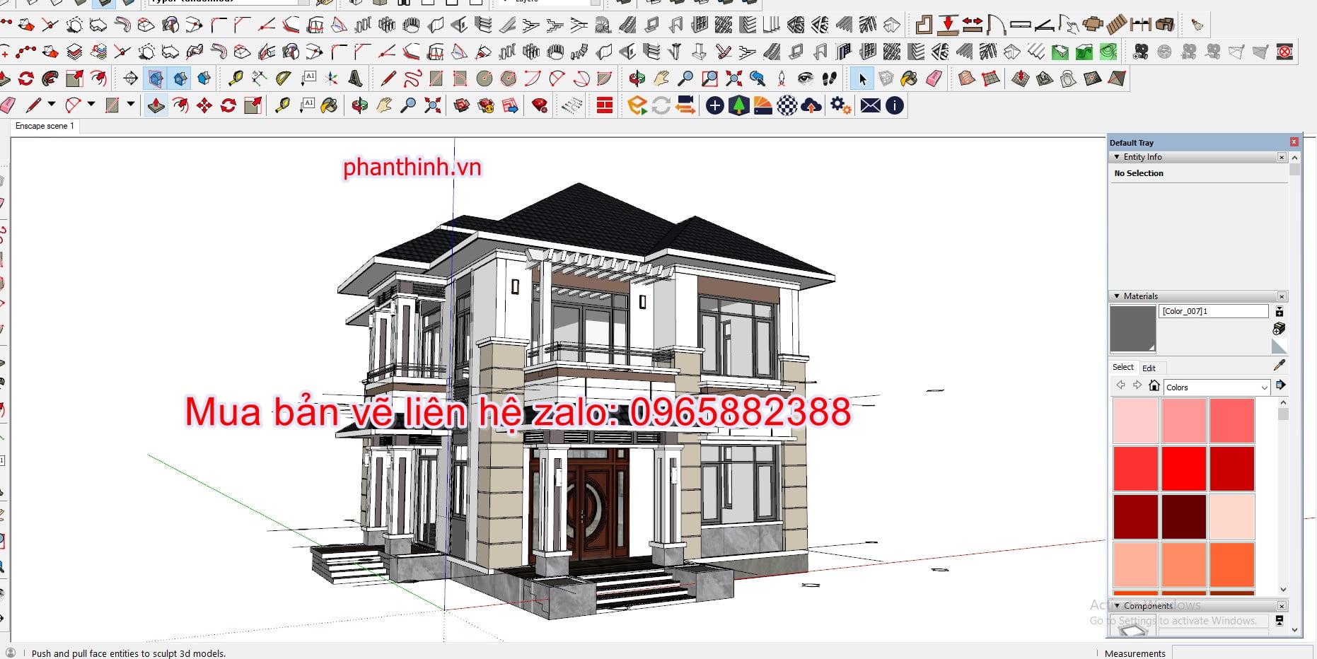 Thiết kế 3D ngoại thất ngôi nhà 2 tầng mái nhật sketchup.
