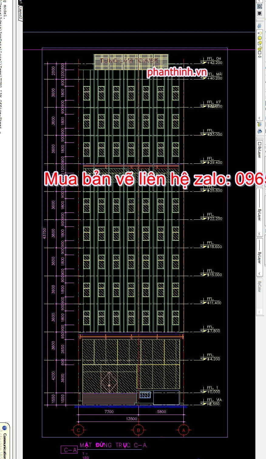 Mặt đứng thiết kế autocad nhà 11 tầng.